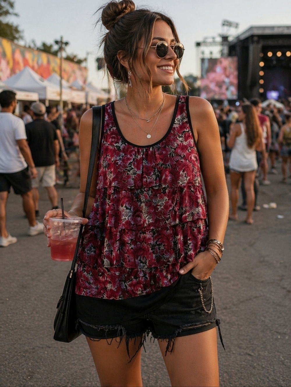 Suzy Shier Layered Floral Sleeveless Blouse | Size L | Festival Boho Top